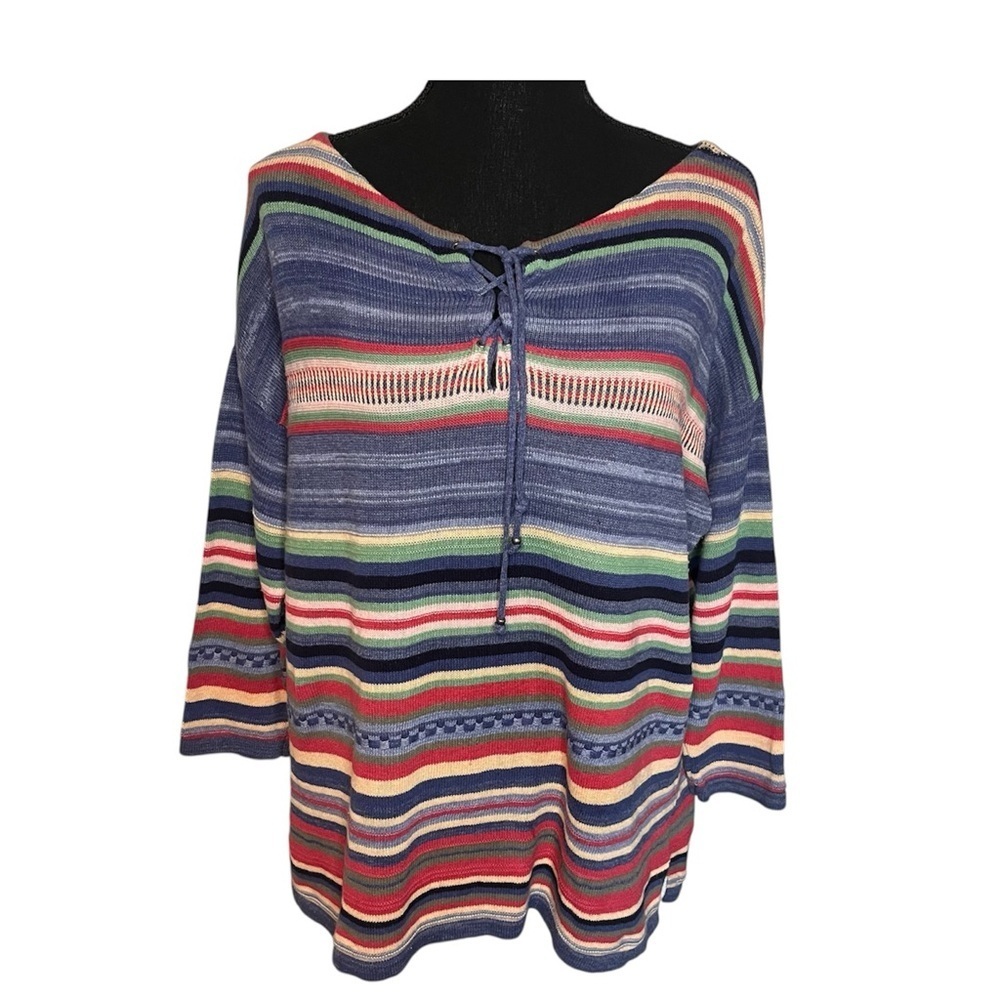 Chaps Denim Multicolor Stripe Knit Top Sz L Lace Up Boho Cottagecore Linen Blend